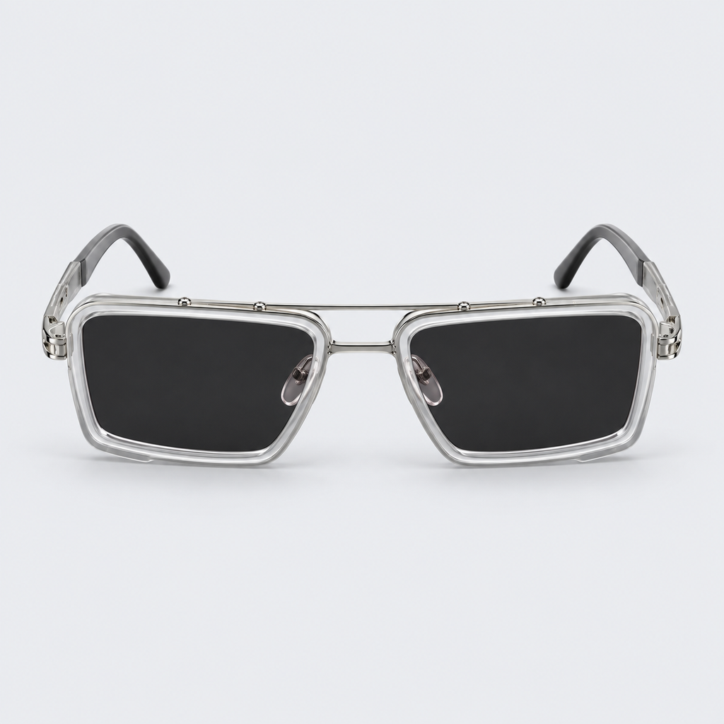 Mach-Style Square Aviator Sunglasses – Silver Double-Bridge Clear Frame Tinted Eyewear