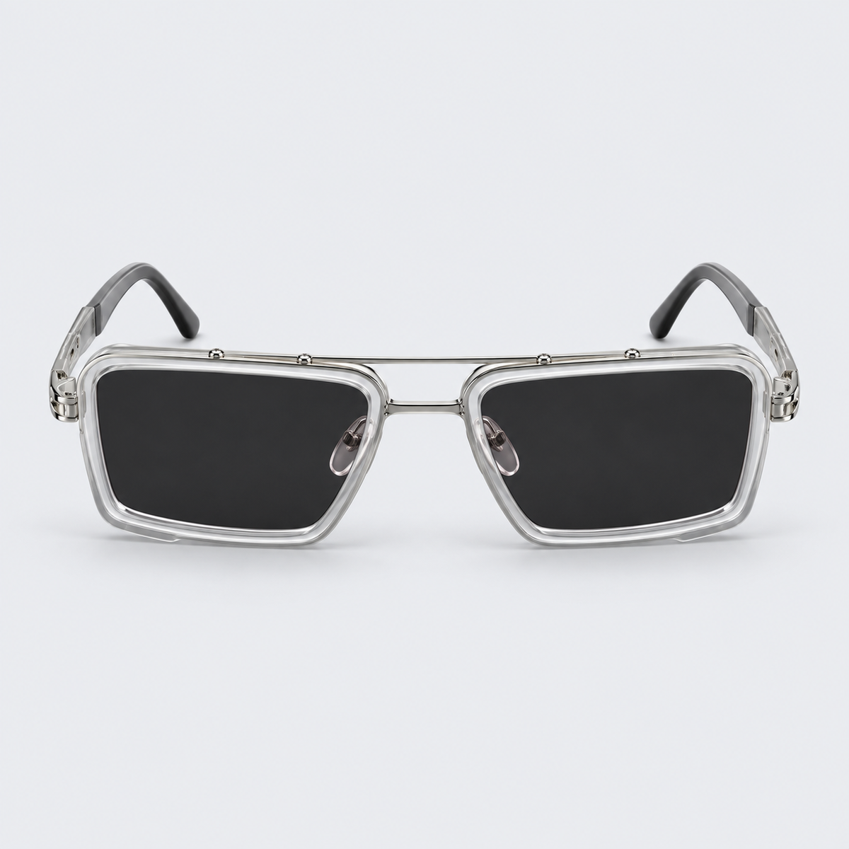 Mach-Style Square Aviator Sunglasses – Silver Double-Bridge Clear Frame Tinted Eyewear