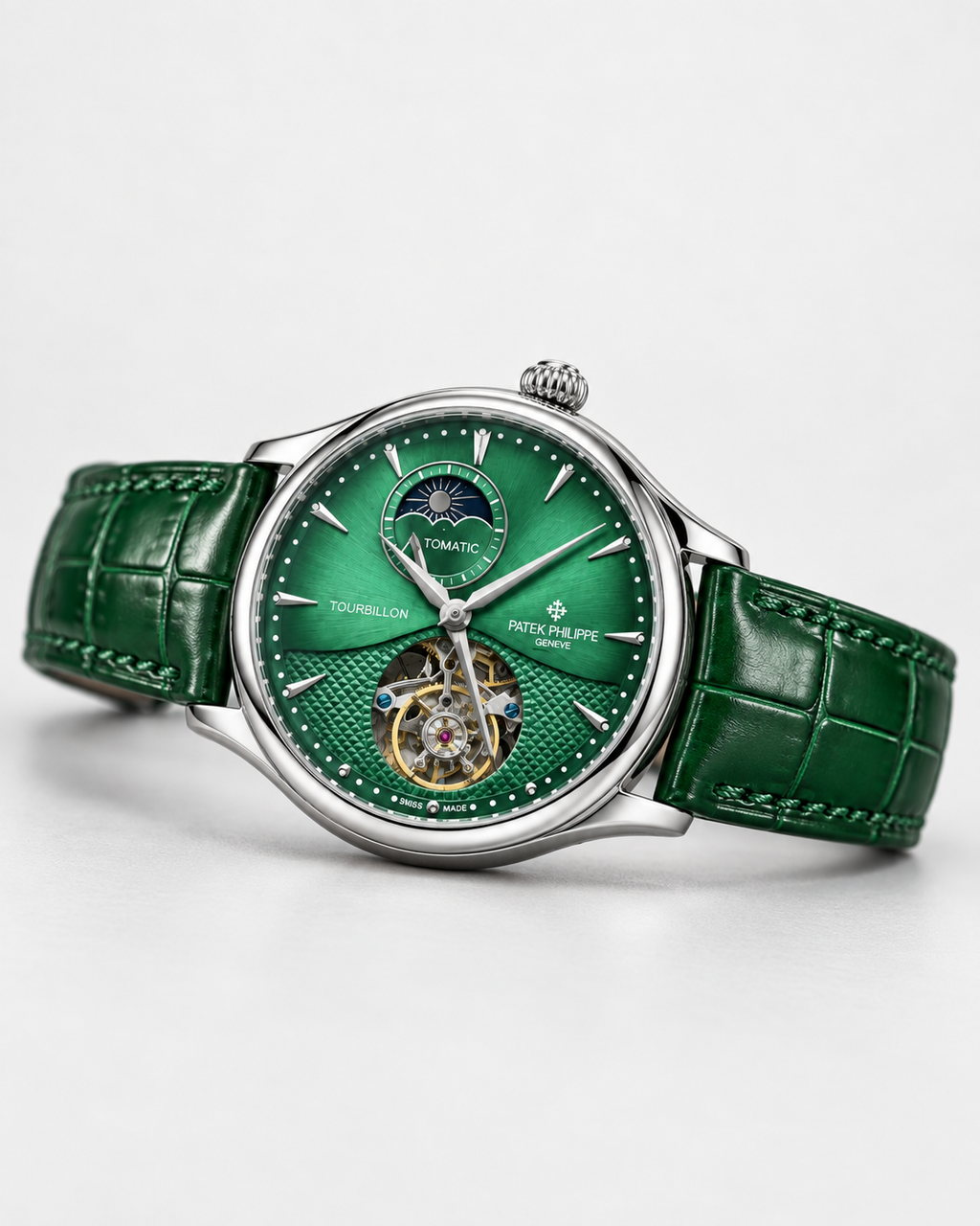 Patek Philippe Geneve Automatic Tourbillon Watch - Green Dial & Leather Strap
