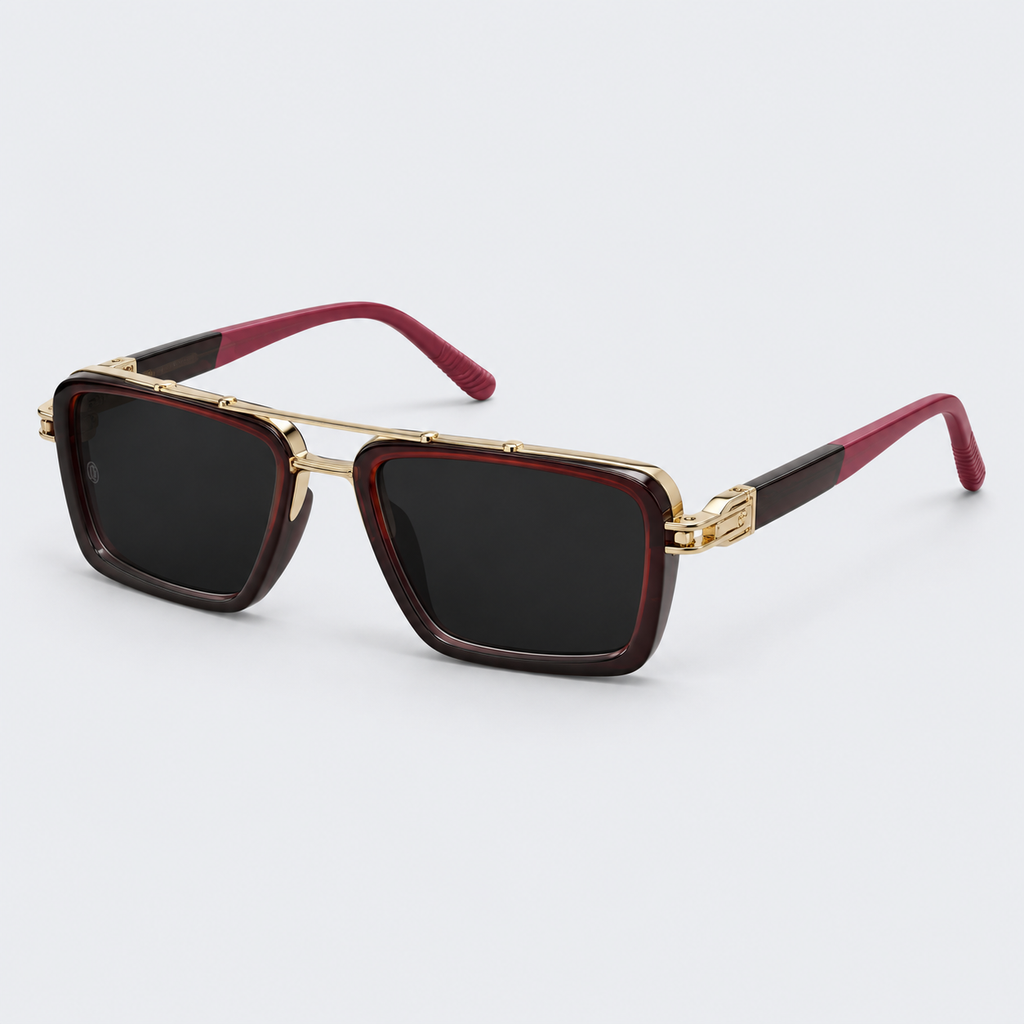 Luxury Square Aviator Sunglasses – Burgundy & Gold Double-Bridge Tinted Eyewear