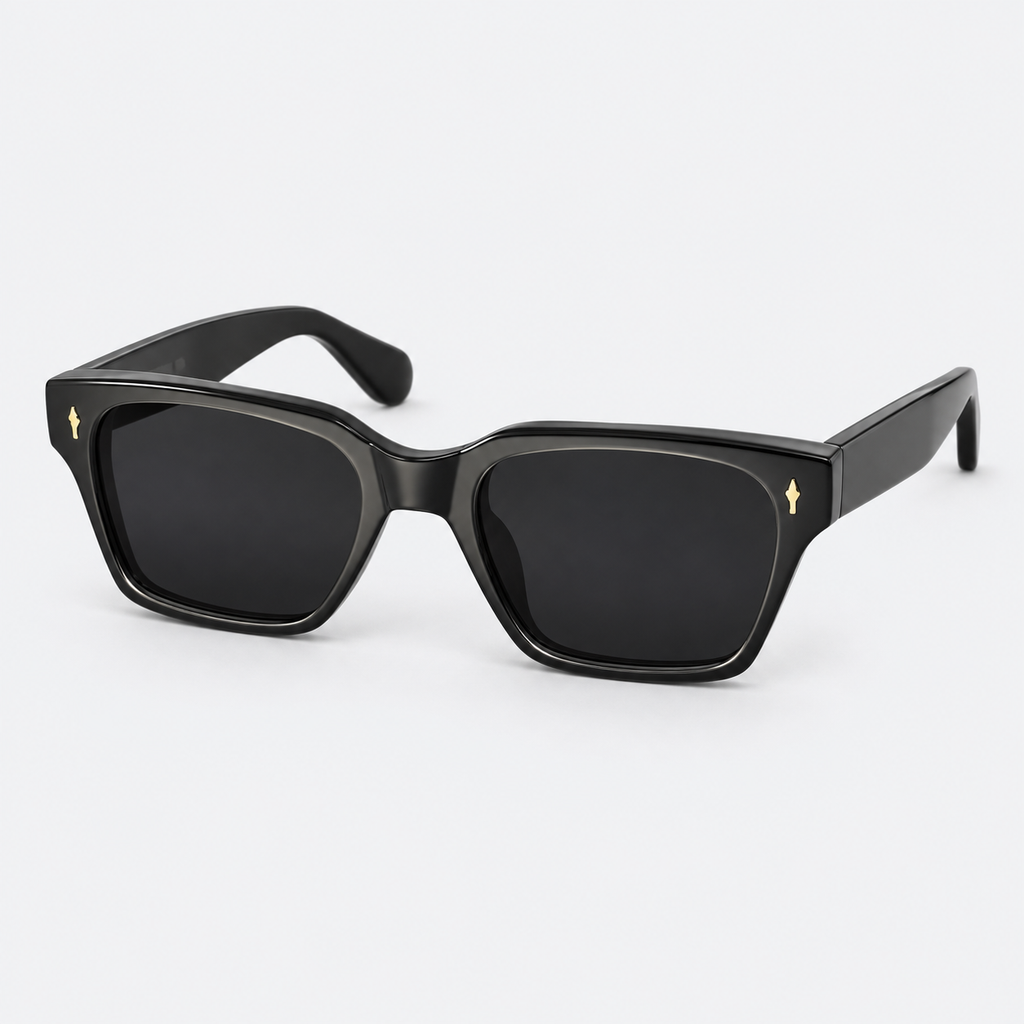 Thick Frame Black Square Sunglasses with Gold Rivets – Polarized Retro Eyewear
