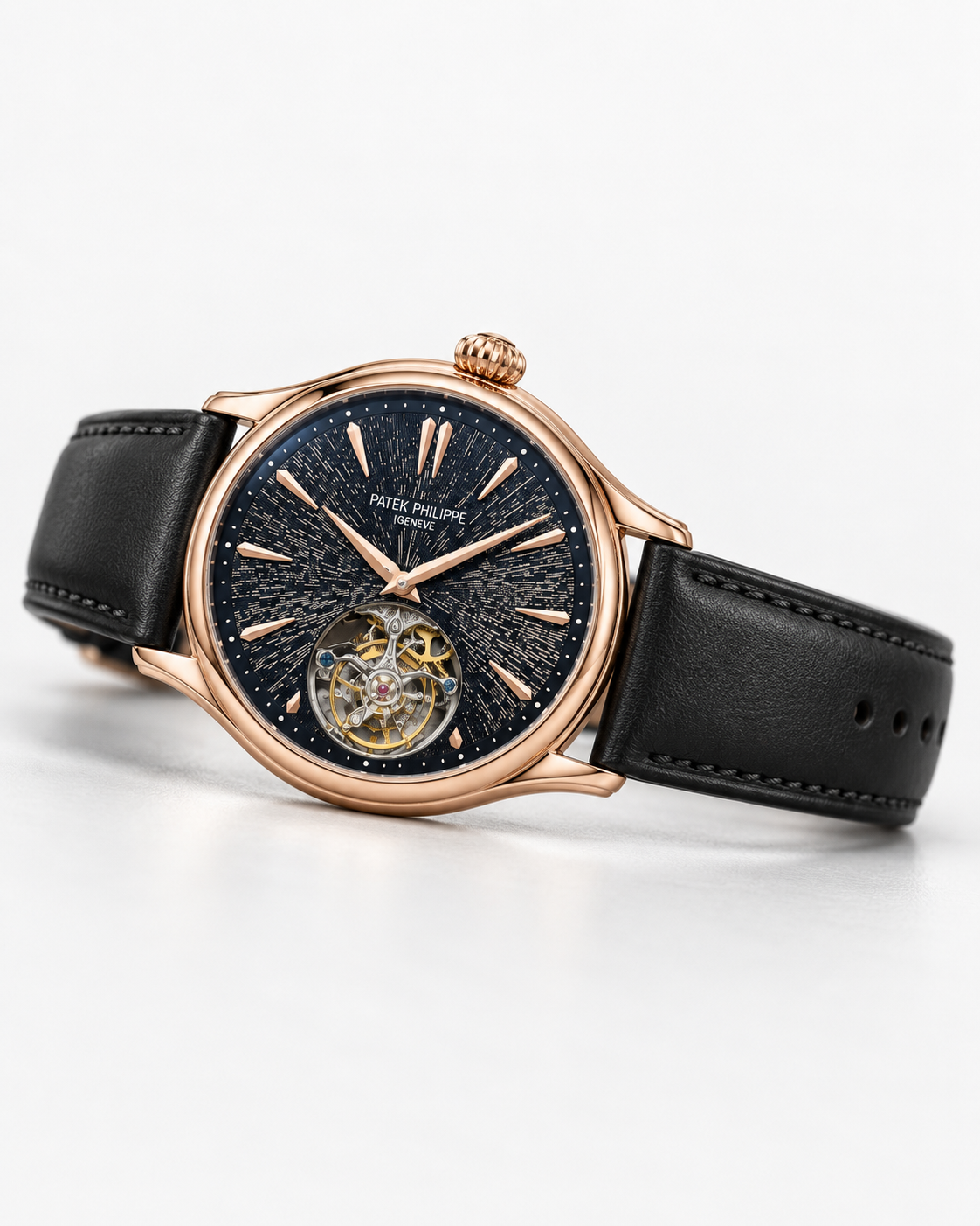 Patek Philippe Geneve Rose Gold Tourbillon with Ice Blue Textured Dial & Black Leather Strap