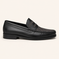 A Classic Men's Black Leather Penny Loafers with Patterned Fabric Vamp