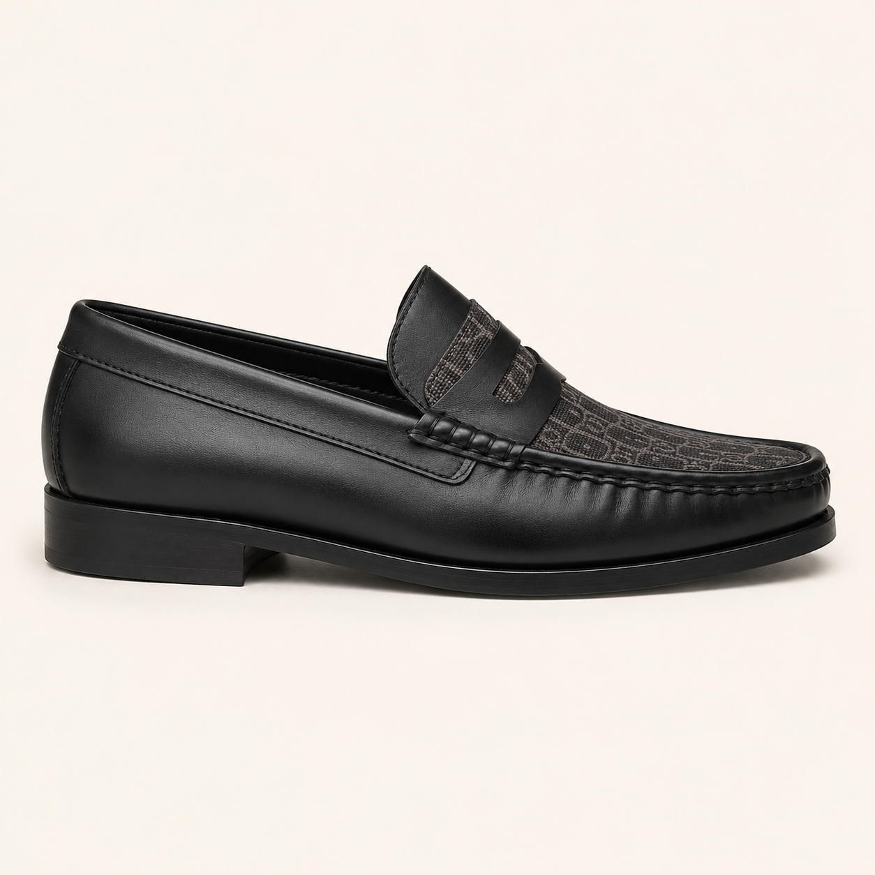 A Classic Men's Black Leather Penny Loafers with Patterned Fabric Vamp