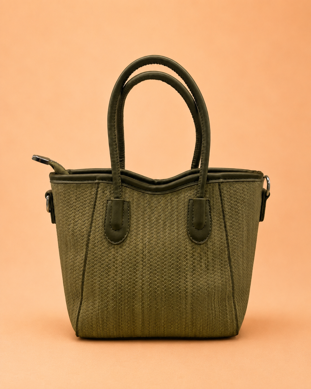 Olive Green Woven-Texture Tote Bag with Rocking Horse Charm