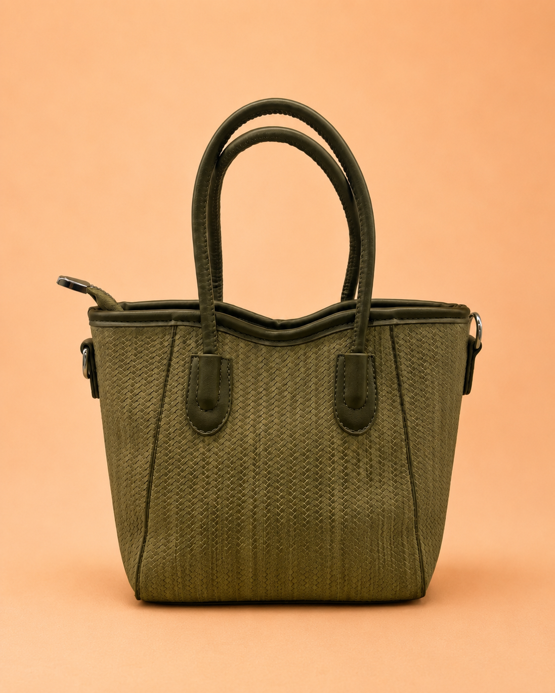 Olive Green Woven-Texture Tote Bag with Rocking Horse Charm