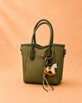 Olive Green Woven-Texture Tote Bag with Rocking Horse Charm