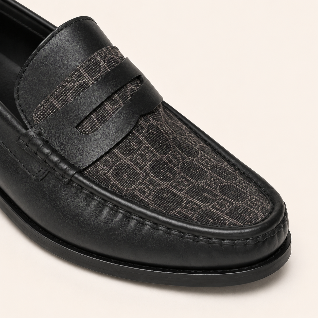 A Classic Men's Black Leather Penny Loafers with Patterned Fabric Vamp