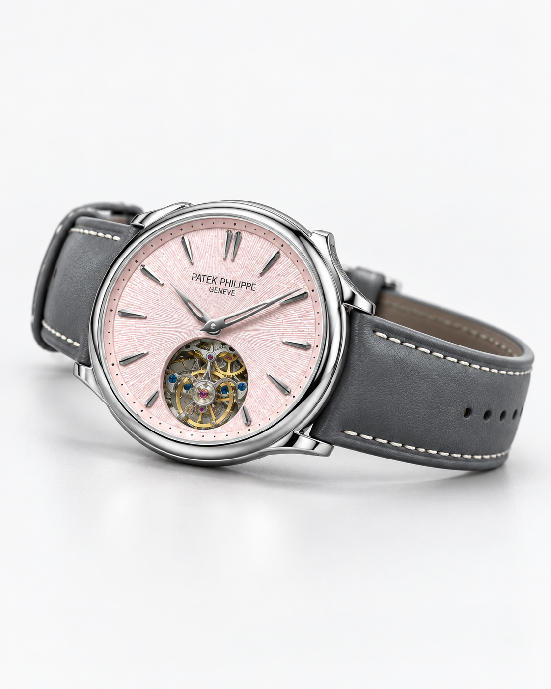 Patek Philippe Geneve Rose Gold Tourbillon with Ice Blue Textured Dial & Black Leather Strap
