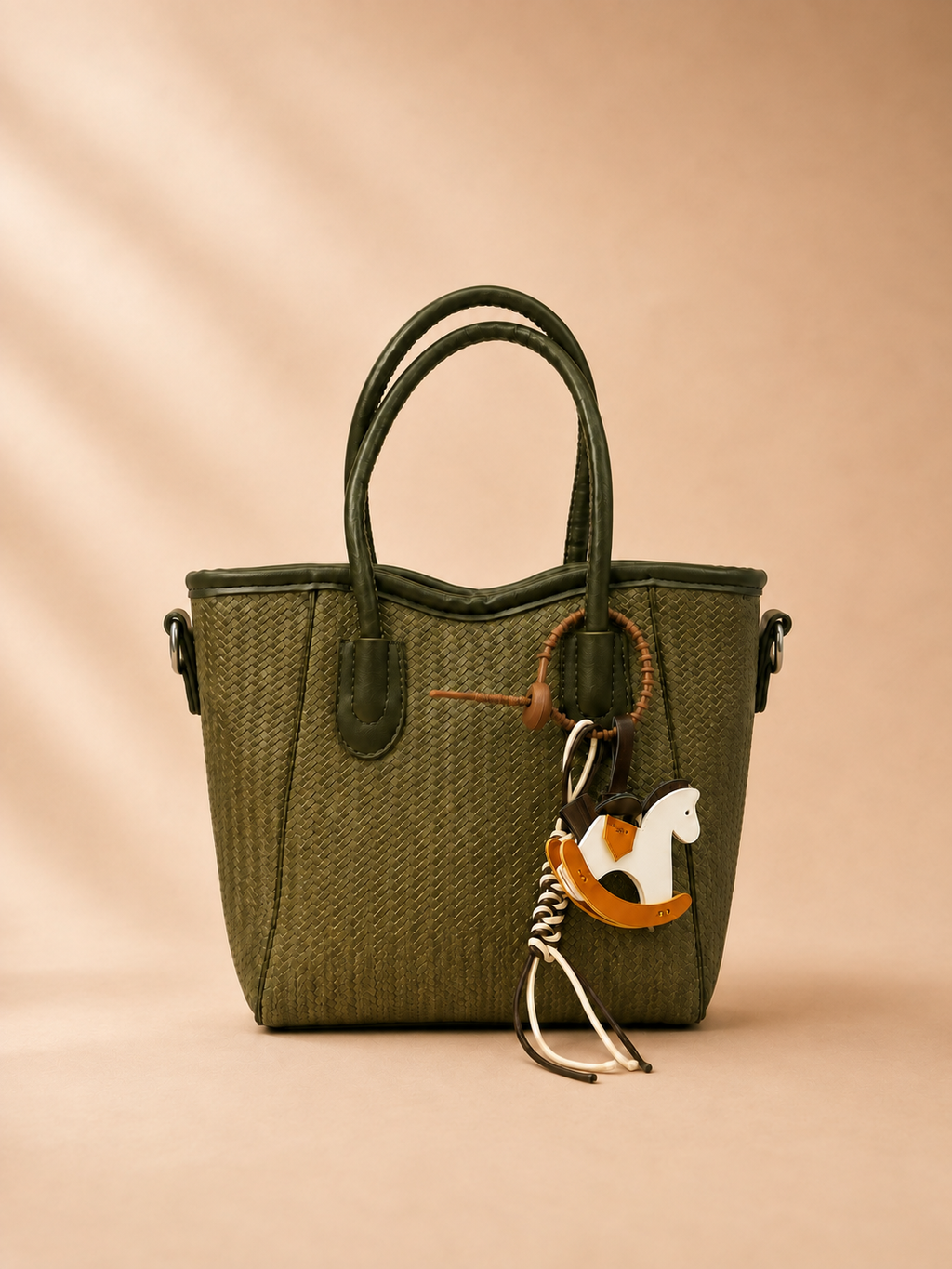 Olive Green Woven-Texture Tote Bag with Rocking Horse Charm