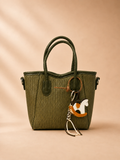 Olive Green Woven-Texture Tote Bag with Rocking Horse Charm