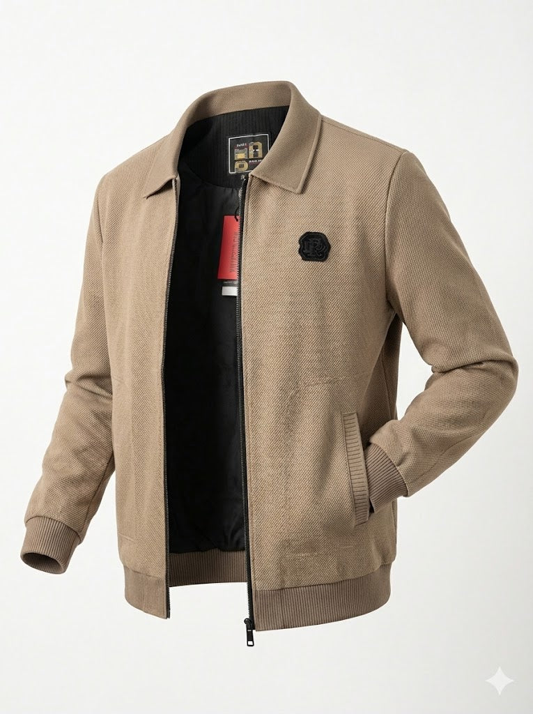 Beige Textured Zip-Front Harrington Jacket