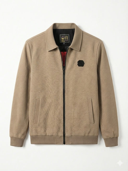 Beige Textured Zip-Front Harrington Jacket