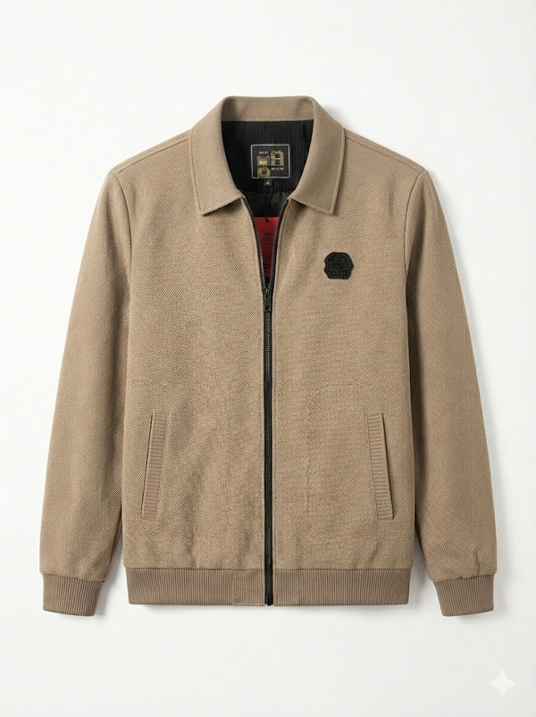 Beige Textured Zip-Front Harrington Jacket