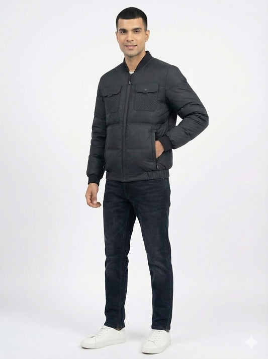 Men's Black Diamond-Quilted Puffer Bomber Jacket with Fur Lining