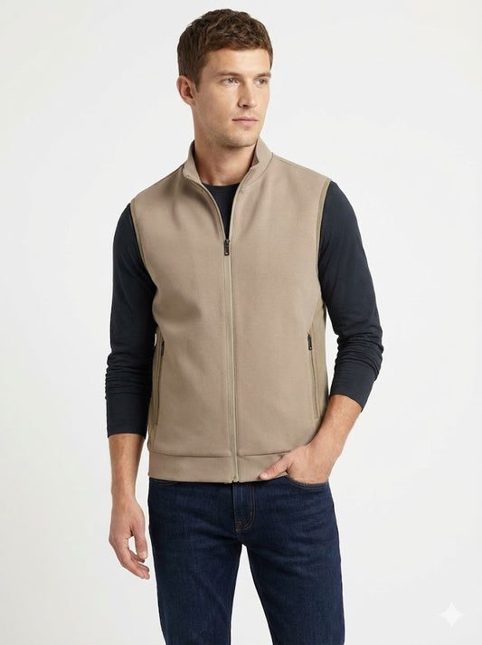 Men's Classic Beige Soft-Touch Zip-Up Vest with Stand Collar