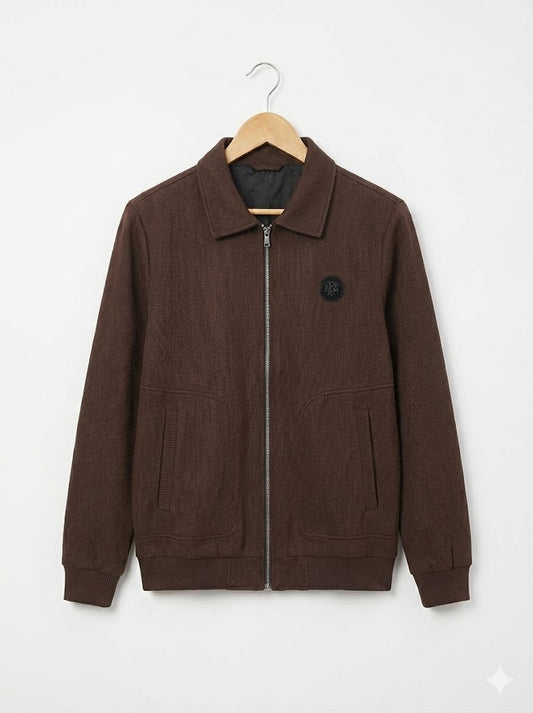 Men's Brown Textured Harrington Jacket with Classic Collar