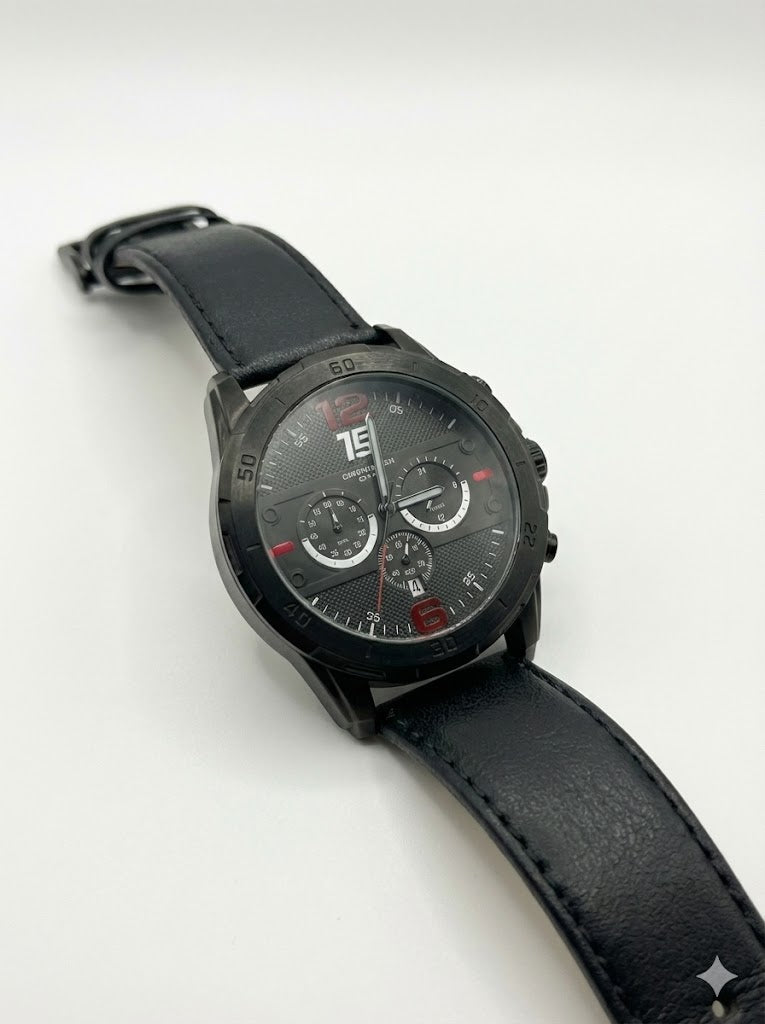 Rugged Black Leather Tactical Watch
