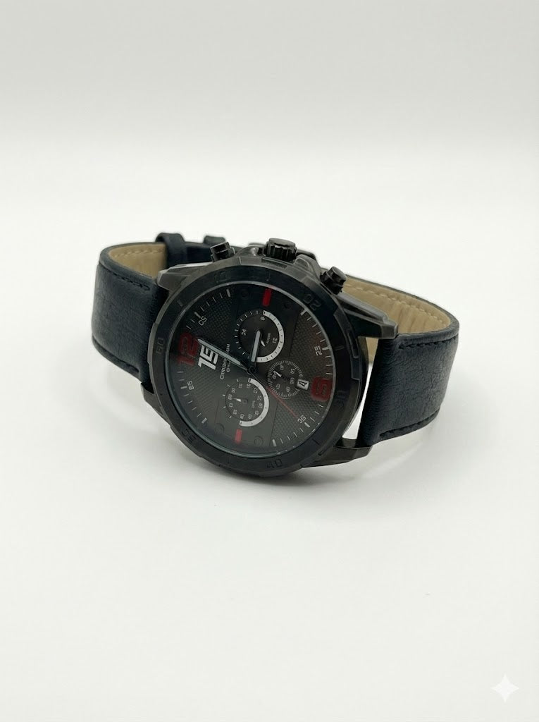 Rugged Black Leather Tactical Watch