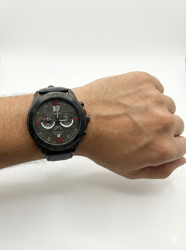 Rugged Black Leather Tactical Watch